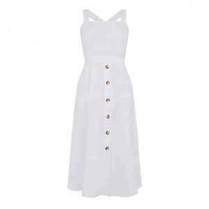 Donne Croce Bianca Posteriore Con Bottoni In Cotone E Lino Vestito Longuette - Product Image 2