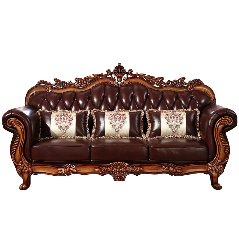 फ्रेंच लुई शैली क्लासिक डिजाइन बटन पर वापस बेंच Upholsteried 7 सीटर लकड़ी के सोफे सोफे और Loveseat लक्जरी कमरे में रहने वाले सेट