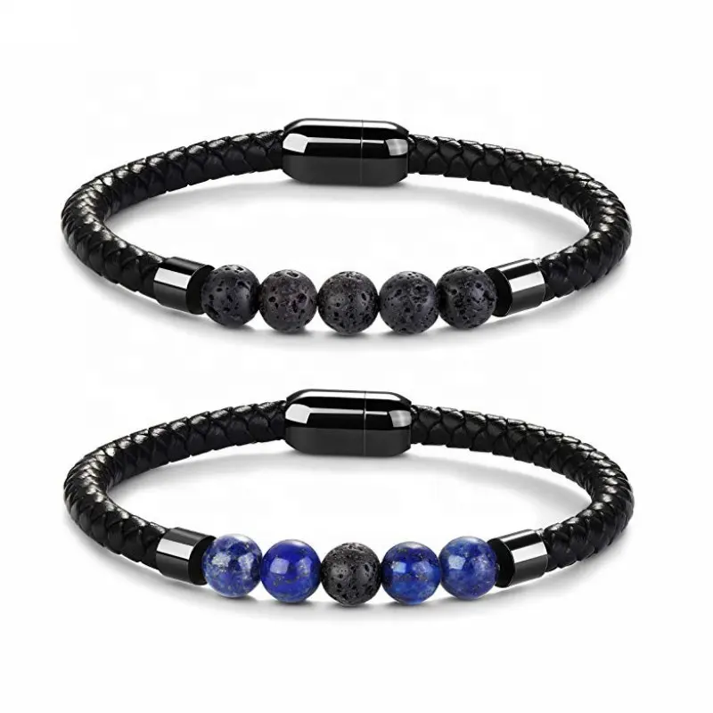 Mens Lava Rock Bead Leather Bracelets for Boys Healing Diffuser with Magnetic Clasp Tiger Eye Agate Howlite Lapis bracelet