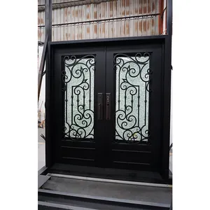 Modern Screen Main Entry Rod House Storm Security Black Single Double Modern Wrought Cost Iron Front Doors