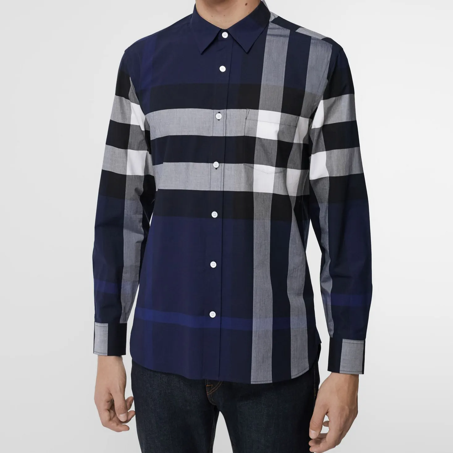 Custom design high quality solid indigo blue check men's casual dress shirt