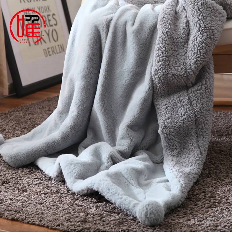 Cobertor Tùy Chỉnh Chunky Ấm Sofa Giường Kích Thước Đầy Đủ Mềm Mink Ném Chăn Fluffy Faux Rabbit Fur Plush Chăn Với Pompoms