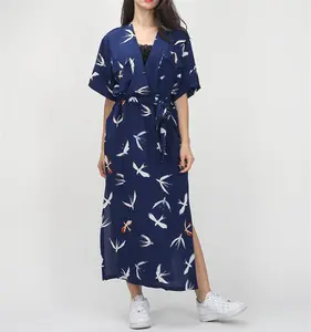 Vrouwelijke Kleding Vrouwen Zomer Originele Japanse Kimono Print Roupas Femininas Tuniek Losse Met Riem Lange Split Jurk