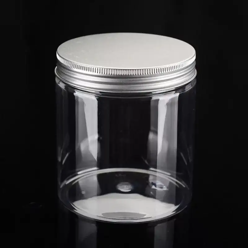 De plástico de 500ml para alimentos para mascotas grado redonda de plástico de caramelo dulce frasco con tapa de aluminio