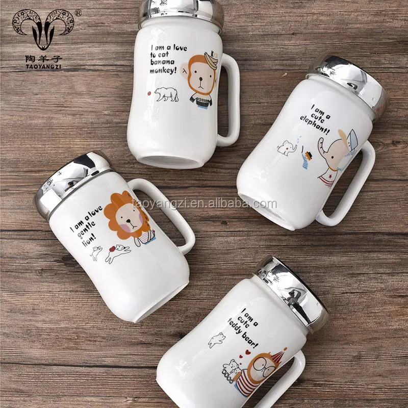 customized cute cartoon design ceramic thermos cup with handle