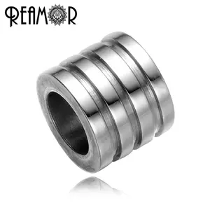 REAMOR 316L不锈钢8毫米条纹欧式银色调圆柱珠子配件适合皮革手链男士珠宝制作
