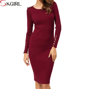 2022 Long sleeve fitted button up midi length cotton ribbed wholesale women winter dress