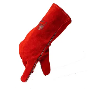 ถุงมือหนังยาวข้อศอกทนความร้อนสีแดงสำหรับการป้องกันมือ