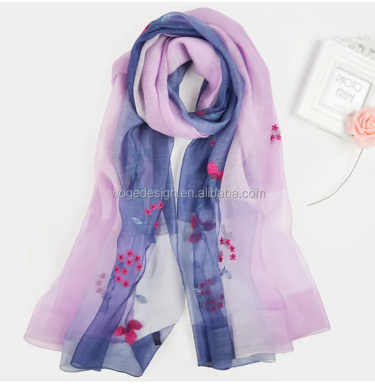 Moda zona di yiwu produttore nuovo tre tonalità di colore ricamato vestito a fiori abbigliamento donna dupatta reversibile scialle di seta sciarpa di lana