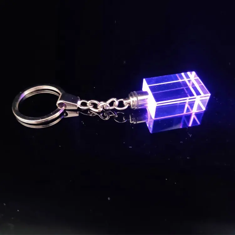 wholesale blank led rectangle crystal key ring transparent custom 3d laser engraved crystal key chains with colorful led light