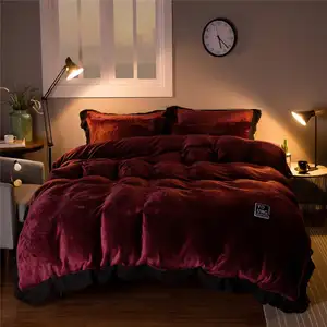 Çin fabrika directsale moda stil 4 adet polyester dantel yatak seti koyu kırmızı