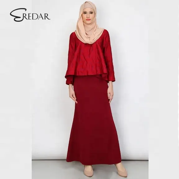 חדש Moden האחרון מוסלמי בגדי תמונה אדום רקום אורגנזה מקסי Baju Kurung מלזיה