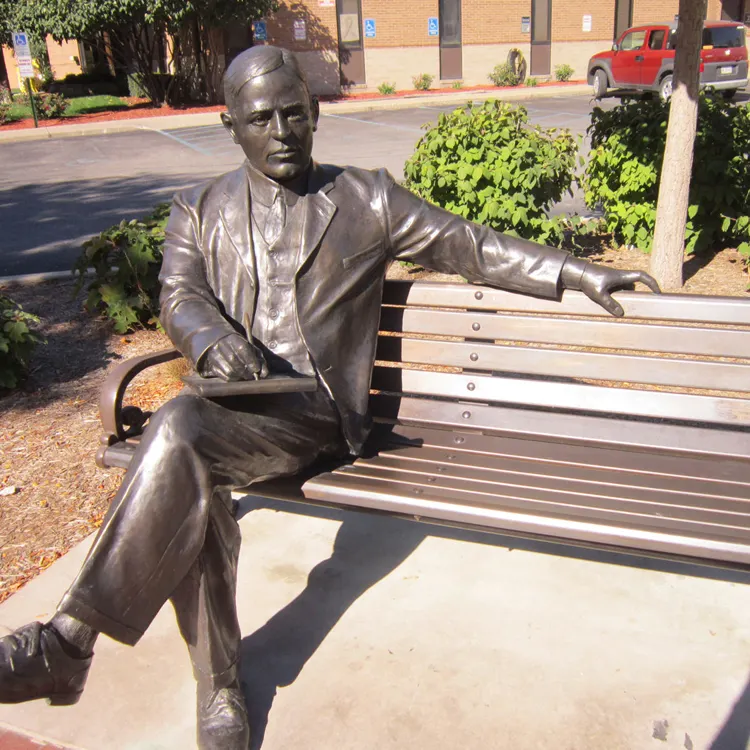 outdoor garden metal bronze sitting man sculpture with bench