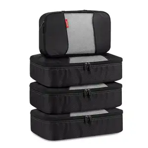 Juego de 4 cubos de embalaje impermeables para viaje, bolsa negra personalizada, estilo de moda, personalizable