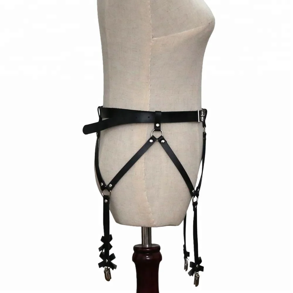 Sexy Women Men Leather Waist Garter Belt for Stockings Bow