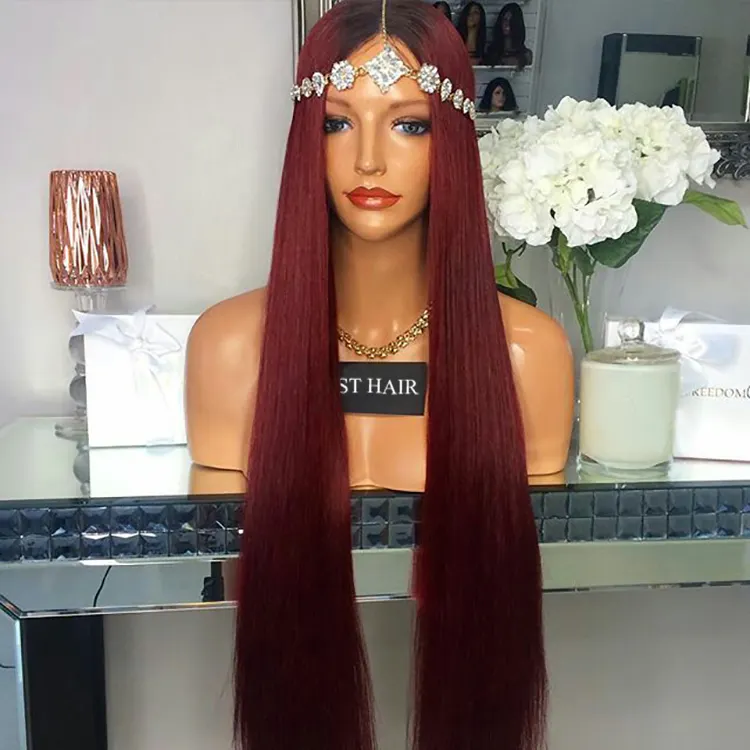 40Inch long ombre brazilian virgin human hair wigs T1B/burgundy straight red lace front wig