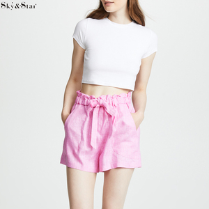 Primavera Verano Mujer Casual Cintura elástica Pantalones cortos de verano Pantalones cortos de lino rosa con cordón - Product Image 5