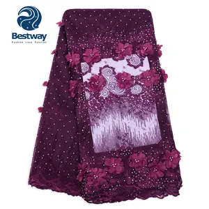 Bestway التطريز الفرنسية صافي 3D زهرة أقمشة الدانتيل مع الحجر