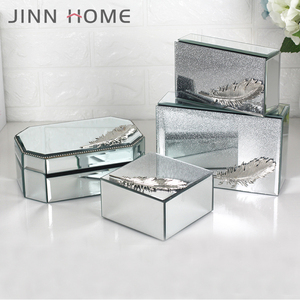 Hexagon Shaped Mirror Glitter Glass Jewelry Box With Silver Metal Feather Decorative Necklace <strong>Ear</strong> <strong>Ring</strong> <strong>Storage</strong> Use - Product Image 6