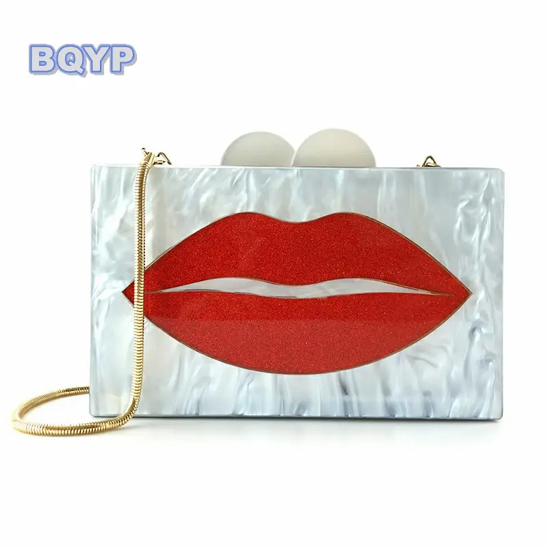 Luxury Acrylic red lips women evening bag clutch ladies with gold metal strap