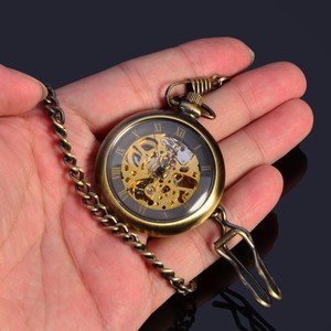 خمر نوع الميكانيكية الهيكل العظمي البرونزية النحاس المواد الرجال مواجهة مفتوحة ساعة جيب - Product Image 5