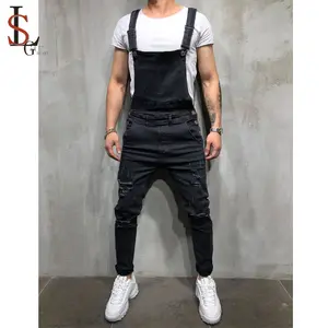 新到货批发男士 streetwear 撕裂牛仔裤工作服时尚男士全长修身牛仔连身裤