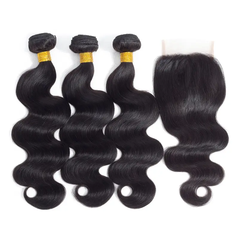 3 bundles Unprocessed Brazilian Virgin Remy Body wave Human Hair Weaves with 1bundle 4*4 lace frontal closure