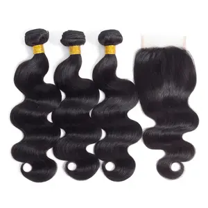 Rambut manusia gelombang Remy Virgin sambungan rambut penutupan depan renda tenun rambut tanpa diproses Brasil 3 bundel dengan 1 bundel 4*4 10A