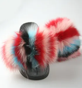 Multicolor toddler furry real fox rainbow fur slides/kids fluffy fur slides - Product Image 1
