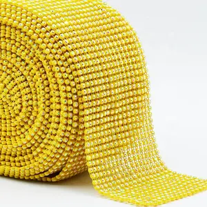 10 yards elastic 4mm crystal AB trimming rhinestone rolls, crystal rhinestone banding in yellow base mesh