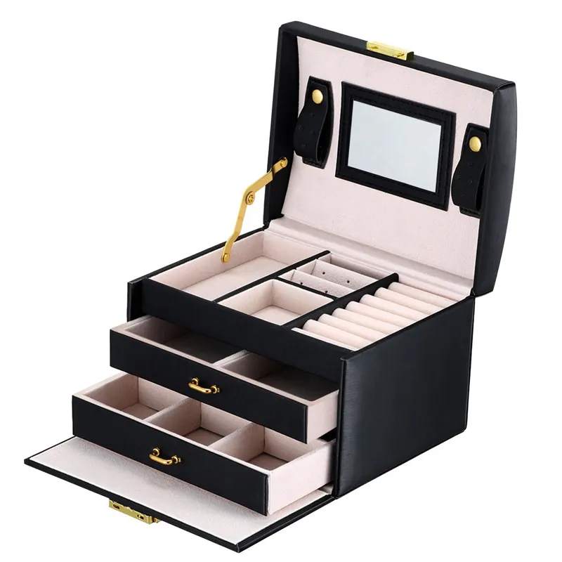 large Black Box with Lock Mirror PU Leather Jewelry Travel Jewelry Storage box