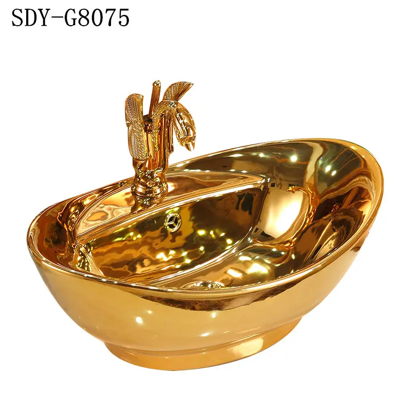 Lavabo en céramique or, vasque portable, évier de salle de bains, couleur or