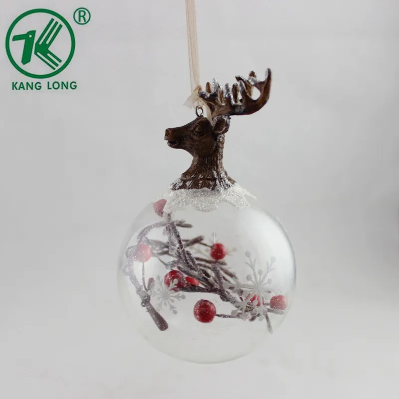 Cheap Christmas Ball Ornament hanging Clear glass Ball with Plastic Red bean branch and antler