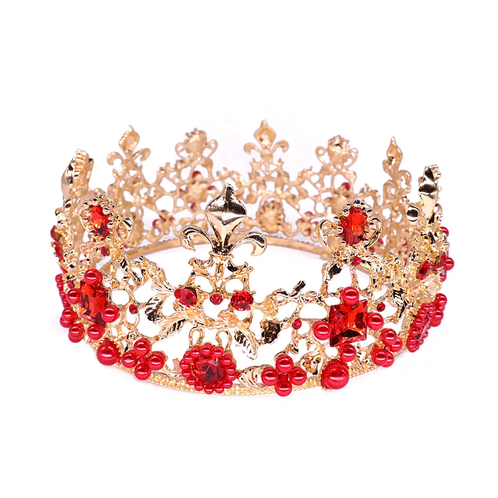 Gold Plated Red Crystal Pearl Fleur-De-Lis King Tiara For Party or Bridal Women Headbands Baroque Crown Tiara