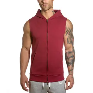 Plain Mens Drop Armhole Full Zipper Up Sleeveless Hooded Sweatshirt Gym Workout Sporting Custom Sleeveless Hoodie