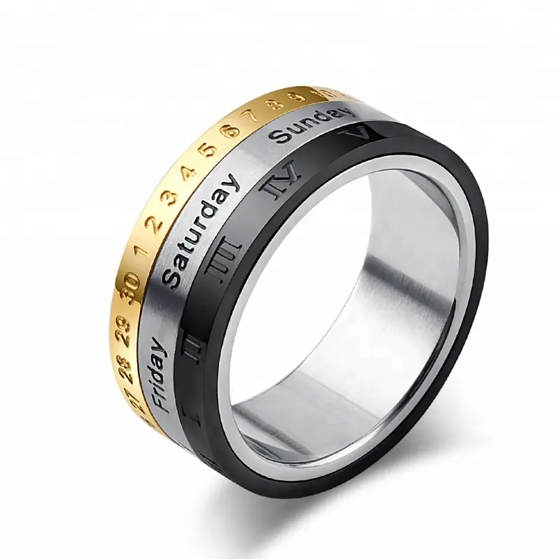 MECYLIFE Drehbare Zahlen Römische Ziffern Zeit woche Spinner Ring Edelstahl Schmuck ring