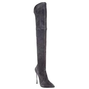 Design semplice Della Signora del Metallo Tacco Alto Sopra Il Ginocchio Stivali A Spillo Punta A Punta Pelle Scamosciata Coscia Alti Stivali Elasticizzati - Product Image 2