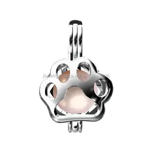 925 Sterling Silver Paw Print Cage Locket Unique Silver 8mm Pearl Cage Pendant