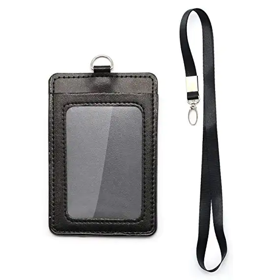 Vertical Style PU Leather ID Badge Holder with ID Window and Card Slot Detachable Neck Lanyard leather work permit