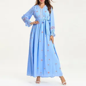 Factory custom wholesale supplier casual 4xl ruffle sleeve embroidery belted long maxi dress
