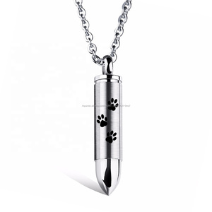 Paw Print Bullet Pet Urna de cremación Colgante de ceniza para hombres Joyería de acero inoxidable en tono de plata negro 20 " - Product Image 2