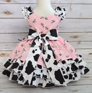 Vestidos de festa para meninas, vestidos de festa para bebês 2-12, vestidos com estampa de vaca e plissada