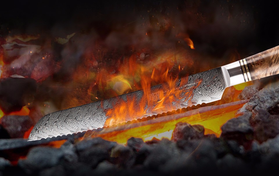 FINDKING 8 inch AUS-10 damascus steel arrow pattern Sapele wood handle 67 layers Bread knife