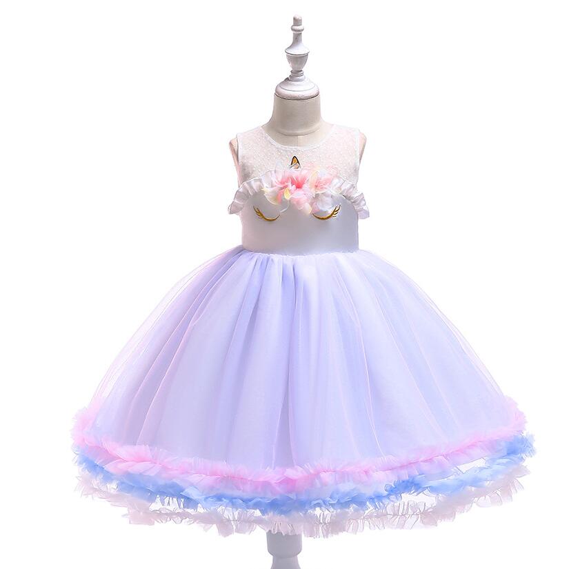 Girls Unicorn Dress Children Summer Birthday Party Net Yarn PengPeng Princess Dress