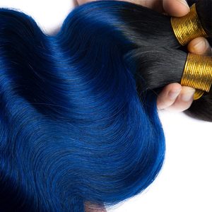 3 Fasci di <span class=keywords><strong>Capelli</strong></span> Brasiliani con Chiusura in Pizzo, Colore 1b/Blu Ombré, Onda Morbida, Estensioni Ombré Sunlight Hair - Product Image 3
