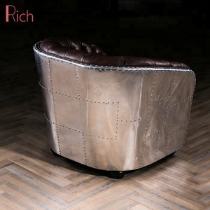 Poltrona Singola Retrò Industriale Classica Americana in Pelle Vintage con Bottoni e Trapuntatura Profonda, <span class=keywords><strong>Divano</strong></span> in Alluminio - Product Image 6