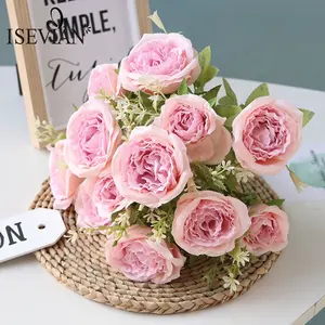 ISEVIAN 인공 실크 꽃 핑크 작은 장미 부시 12 꽃 머리 인공 꽃 장식