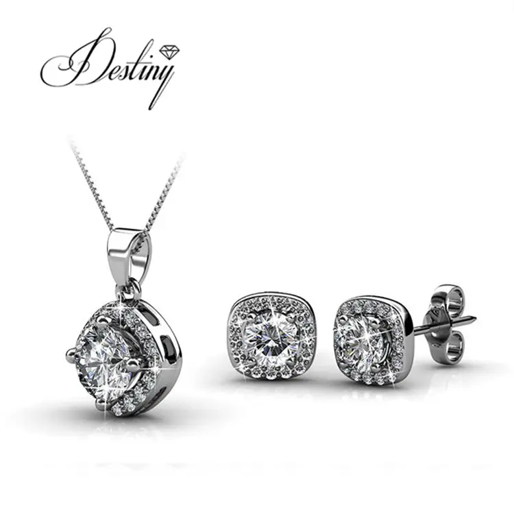 Destiny Jewellery fashion bridal earrings and pendant 18k gold plated square jewelry set made with Sparkling Crystals