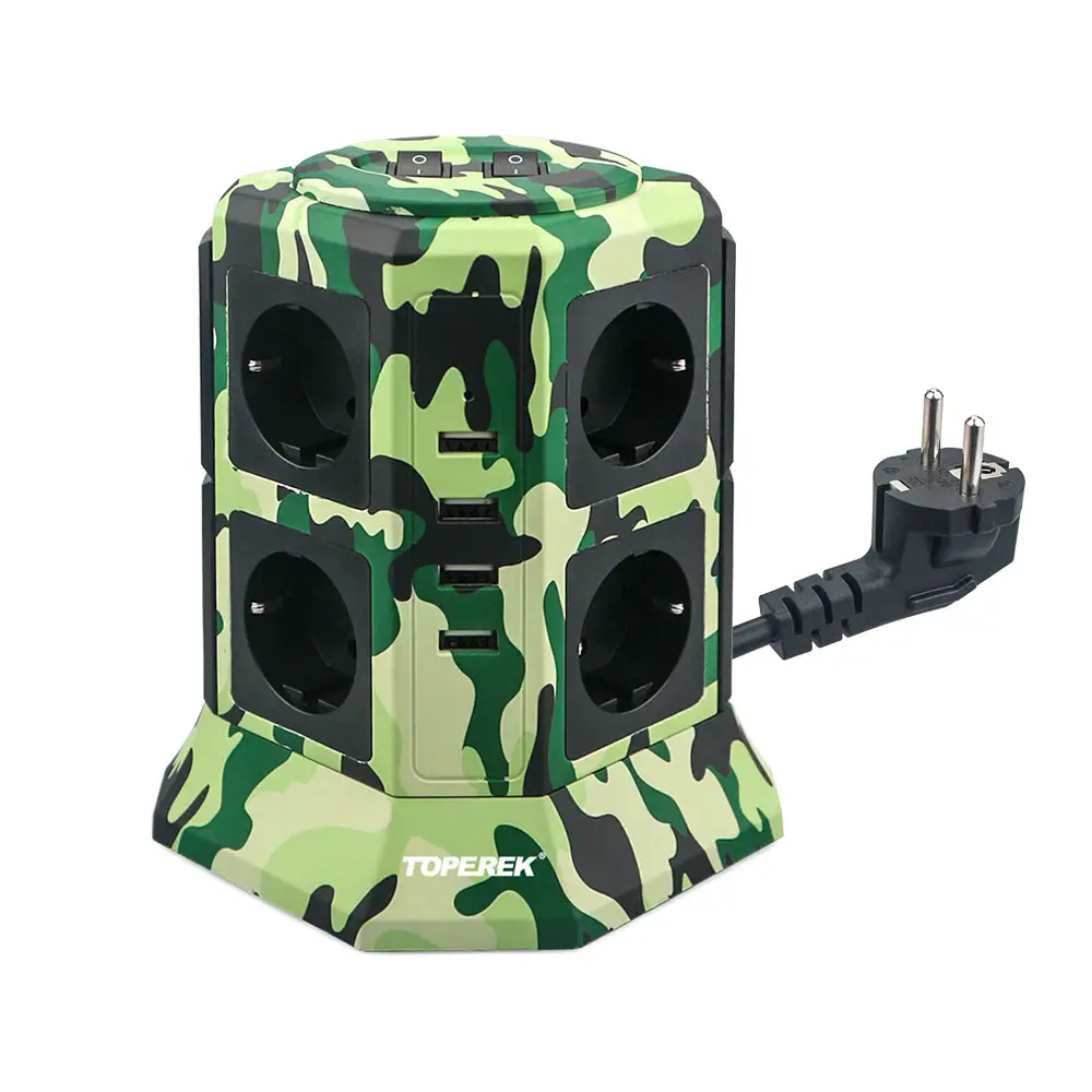 TOPEREK nieuwe camouflage kleur toren socket, USB power strip socket met Kinderen veilig deur