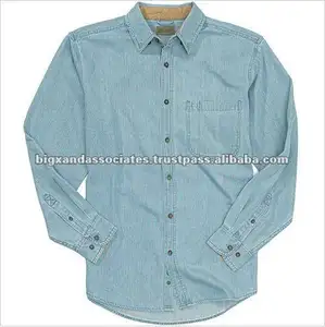 Venta al por mayor de lavado medio azul Denim Camisas espacioso cortar camisa Denim